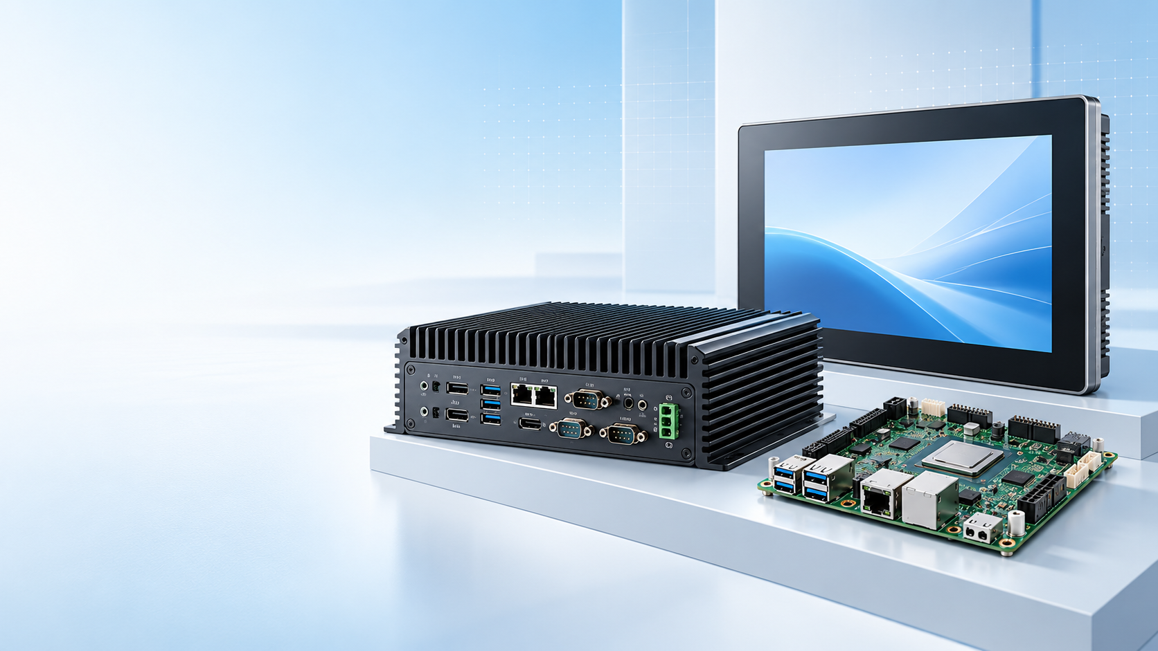 Ilustrasi orisinal komputer fanless, industrial panel PC, dan motherboard industri